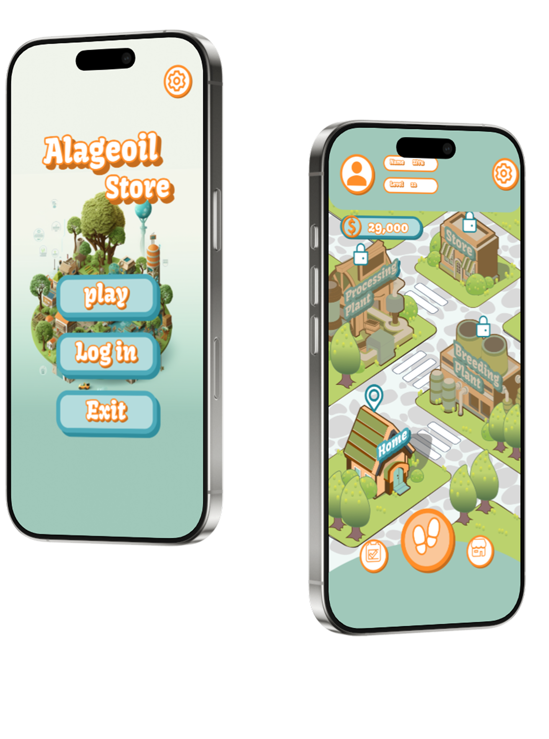 Omega-3 mobile app homepage mockups showing the Alageoil Store start screen and community map.